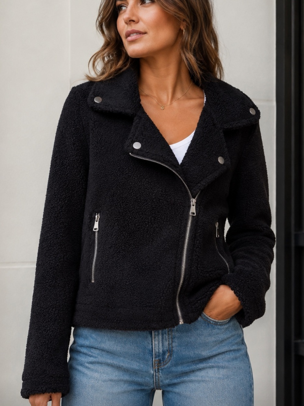 Max Studio Black Faux Sherpa Moto Jacket